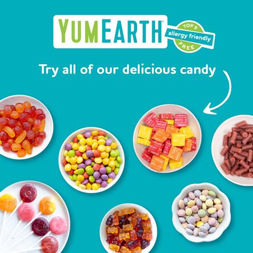 Yumearth allergy friendly candy sampler with assorted chewy candies in bowls