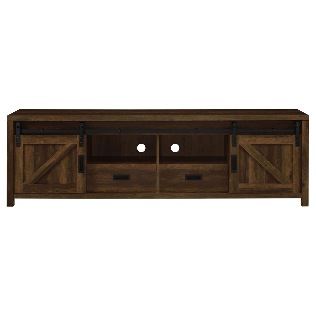Dark pine TV stand with two paneled doors, two drawers, and center open storage