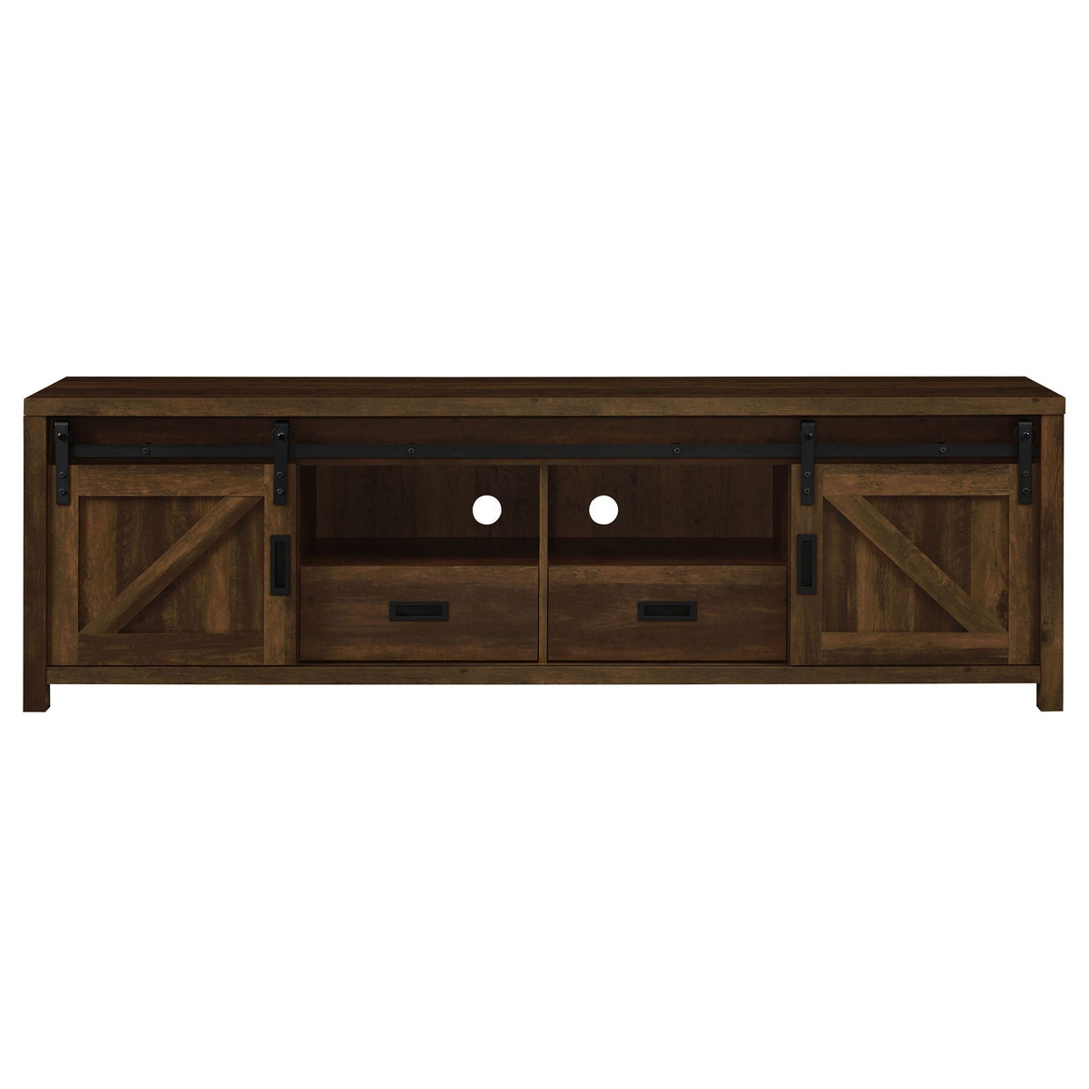 Dark pine TV stand with two paneled doors, two drawers, and center open storage