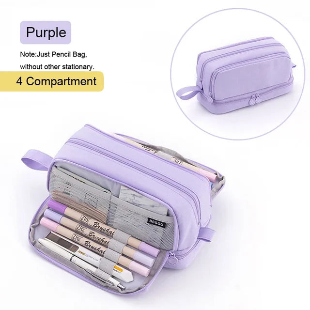 Purple zippered pencil bag with wrist strap, front organizer with multiple compartments.