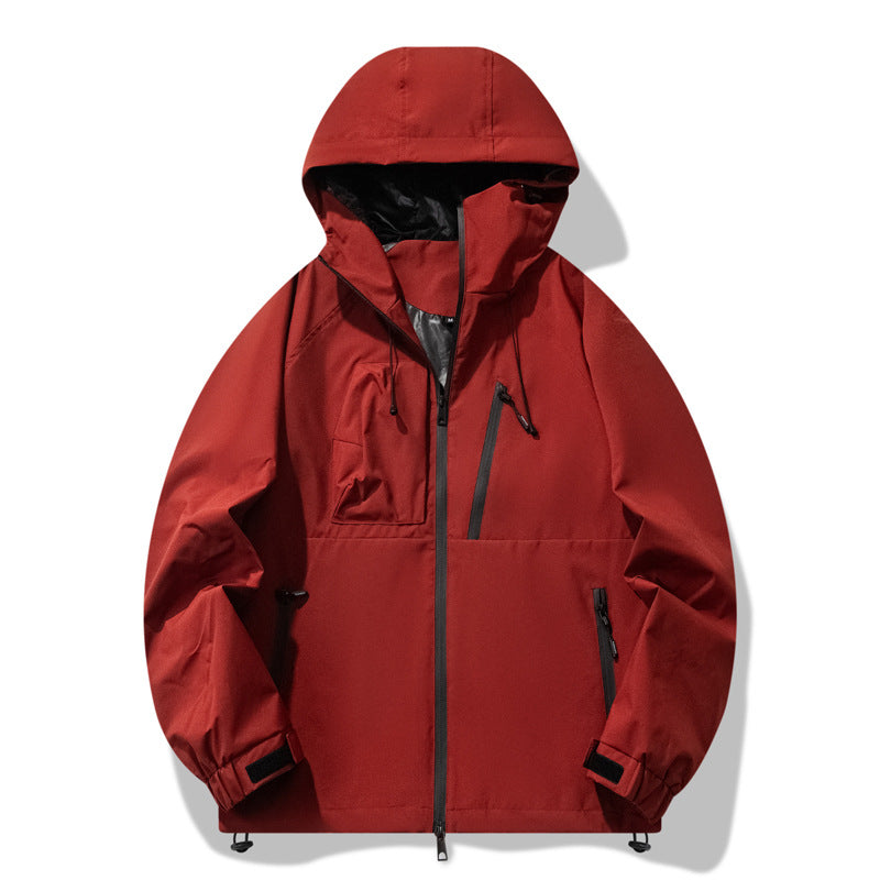 Red outdoor waterproof windproof jacket with hood and zip front