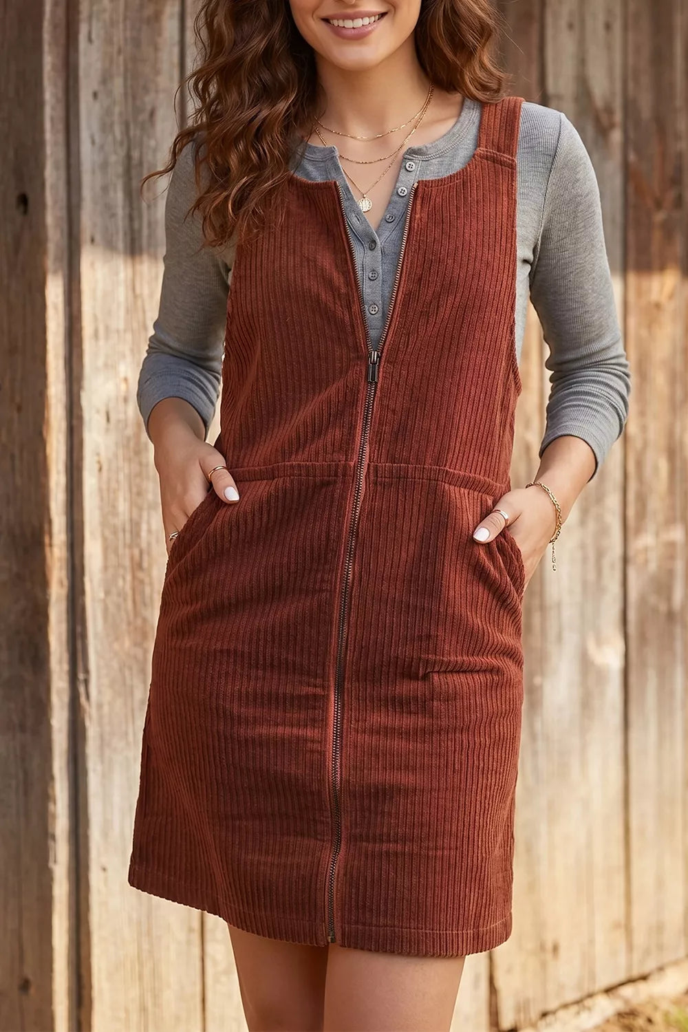Burgundy ribbed corduroy zip-up sleeveless pocket sheath dress, layered with gray top