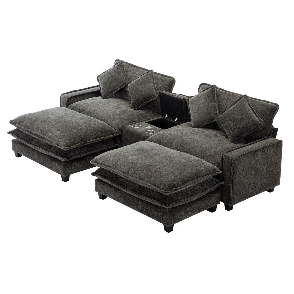 Dark gray sectional sofa with removable ottomans, chaise-style seats, square pillows