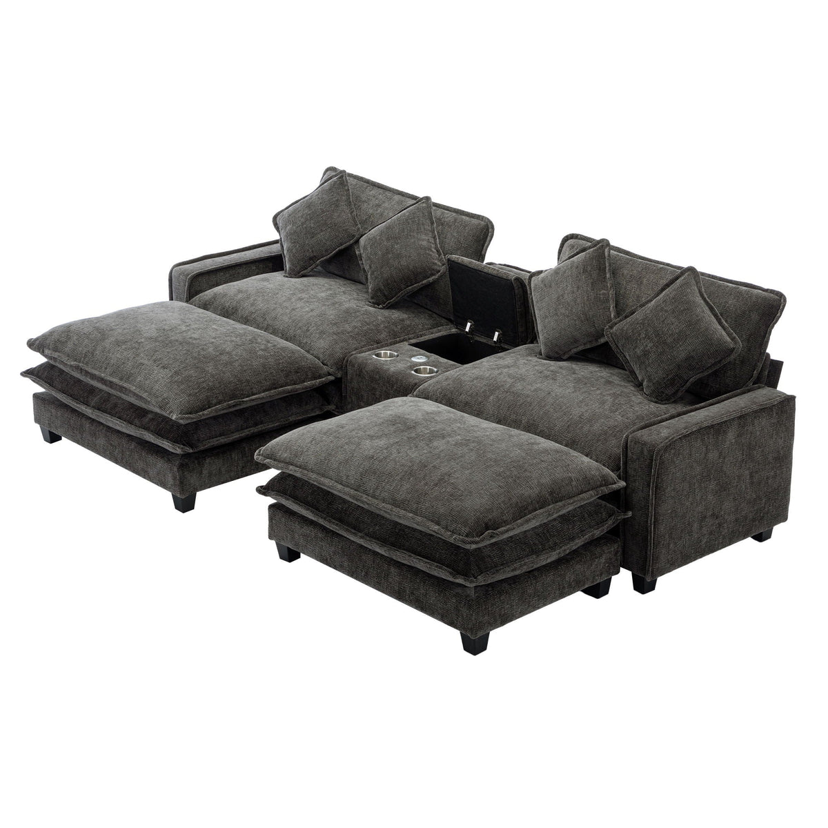 Dark gray sectional sofa with removable ottomans, chaise-style seats, square pillows