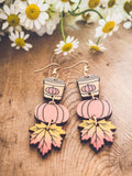 Fall pumpkin spice wood earrings with coffee cup and pumpkin drop charms