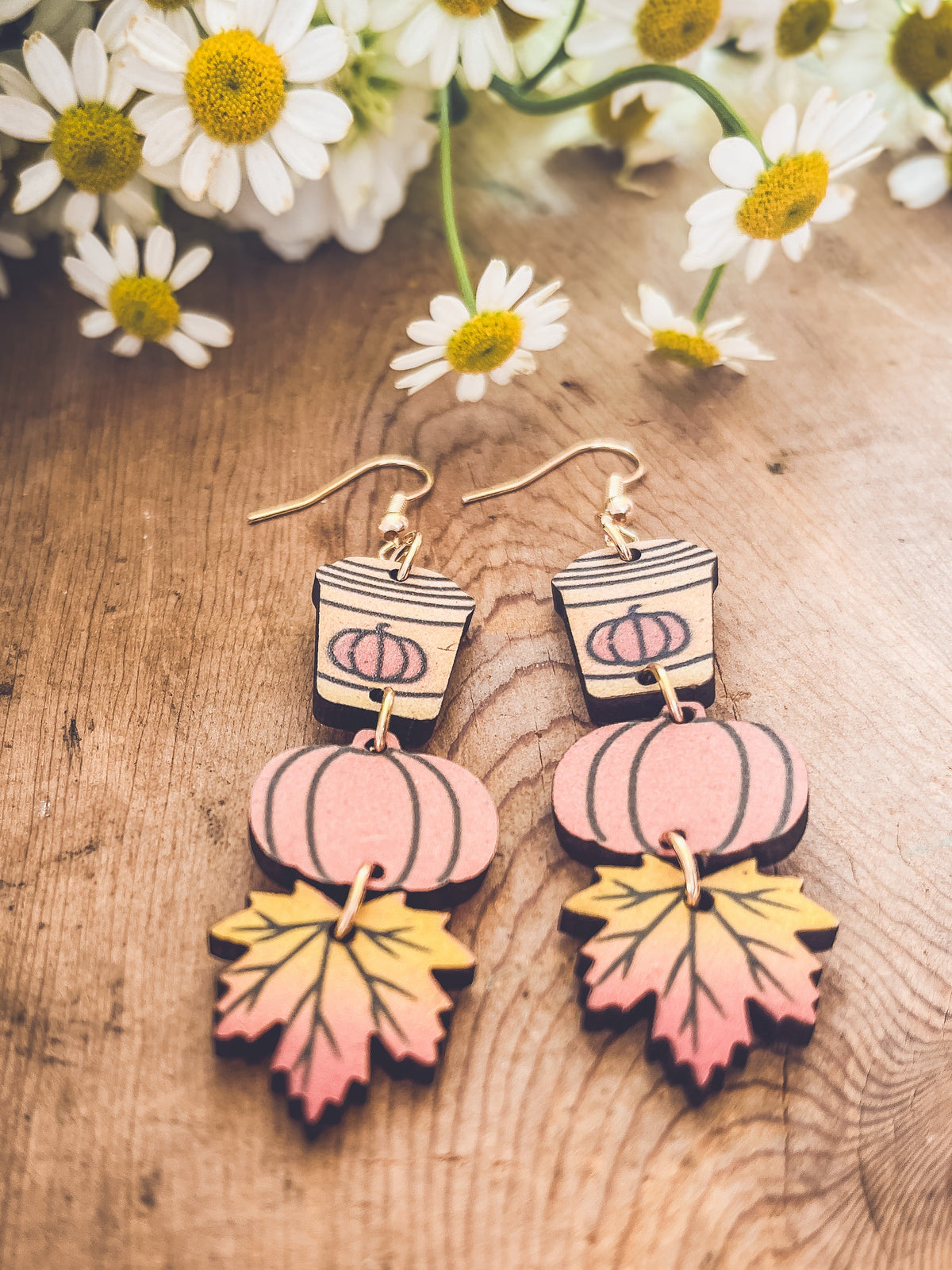 Fall pumpkin spice wood earrings with coffee cup and pumpkin drop charms