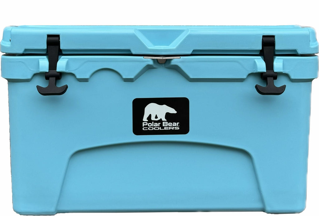 Caribbean blue hard cooler with lid, black latches, and Polar Bear Coolers logo
