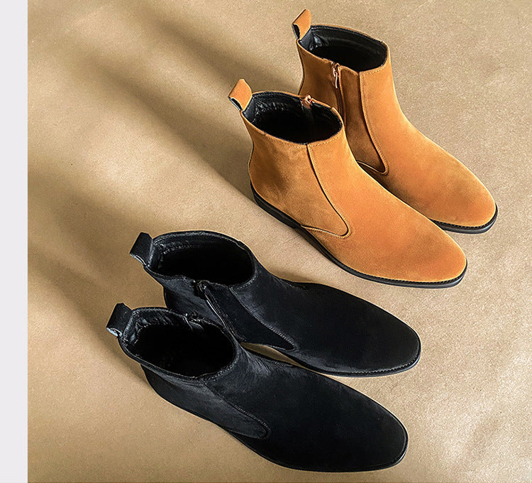 Suede chelsea boots assortment: tan and black pairs with elastic side panels and soles