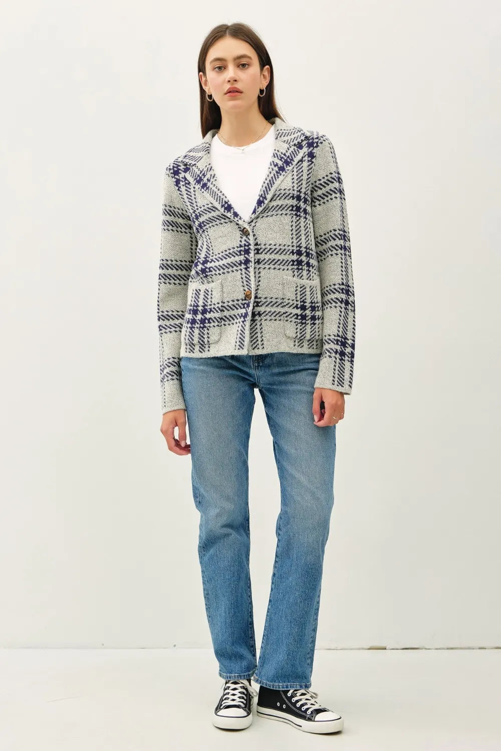 Navy plaid long-sleeve sweater jacket with front patch pockets