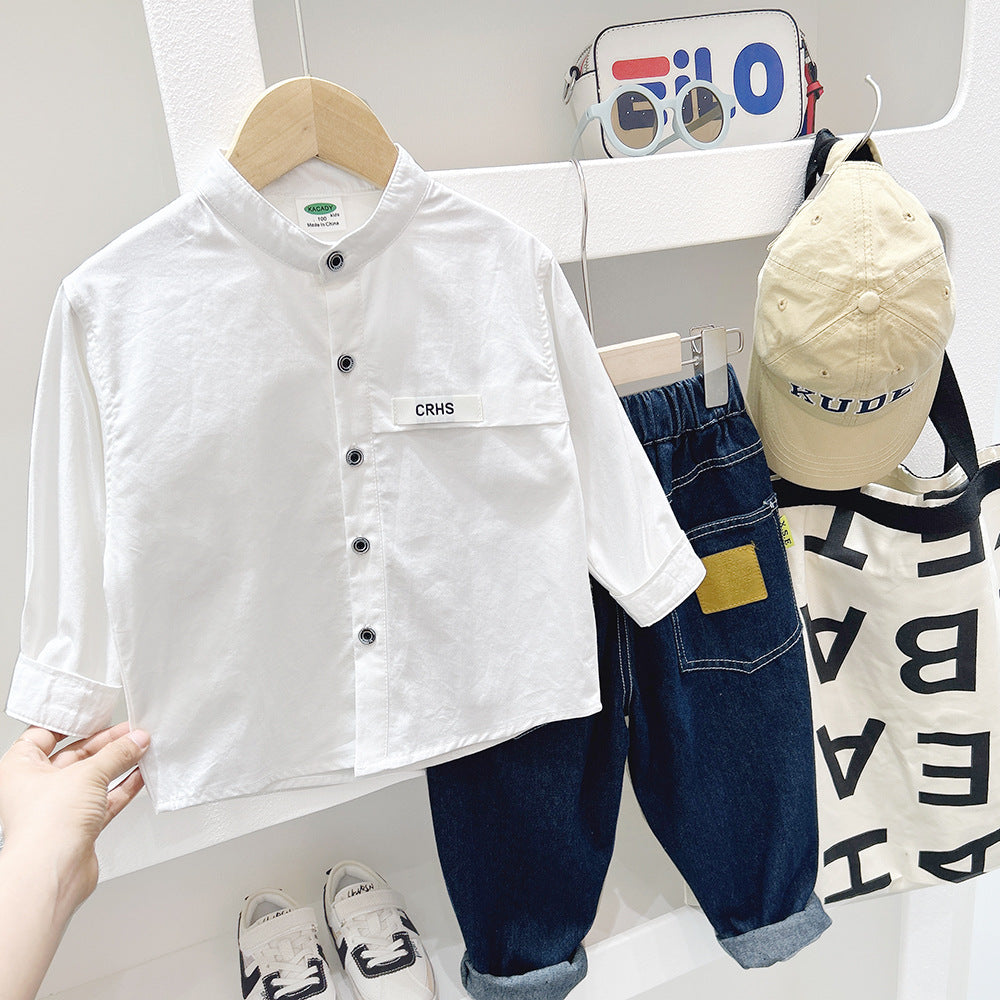 Boys solid white long-sleeve button-up shirt with stand collar and chest pocket