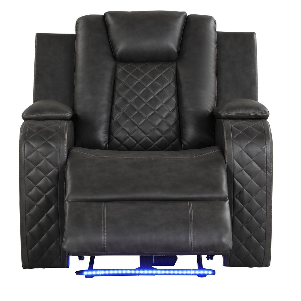 Black LED power recliner chair with quilted back and armrests, blue light strip base
