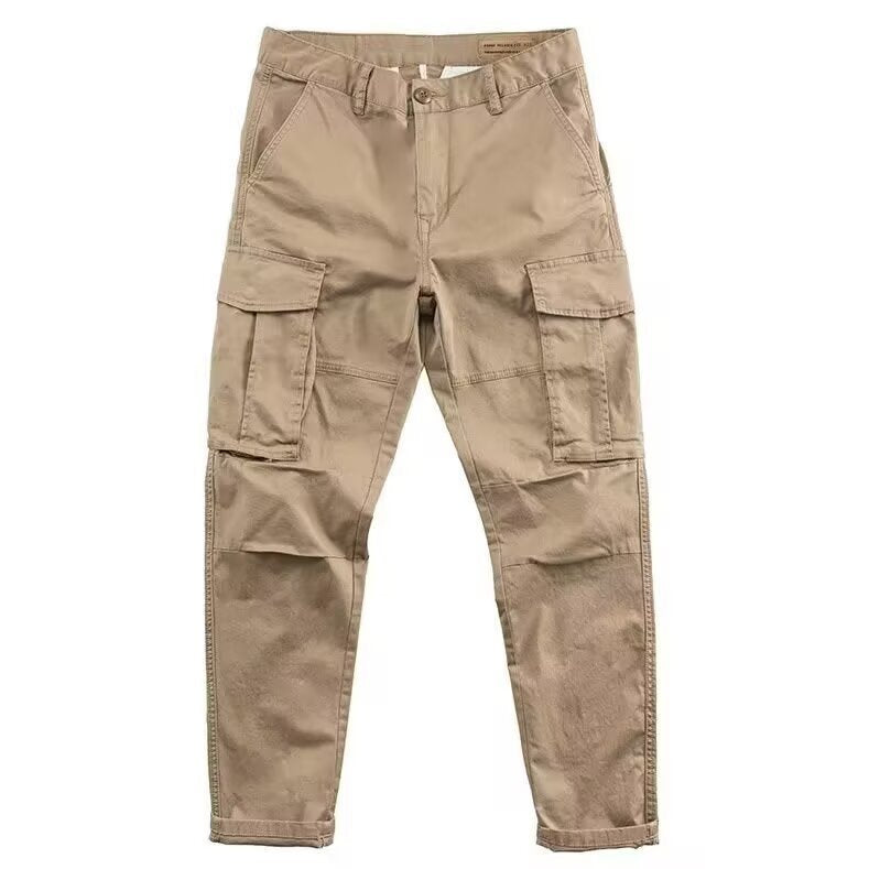 Men's khaki cargo work pants with relaxed straight-leg fit and flap side cargo pockets