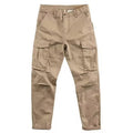 Men's khaki cargo work pants with relaxed straight-leg fit and flap side cargo pockets