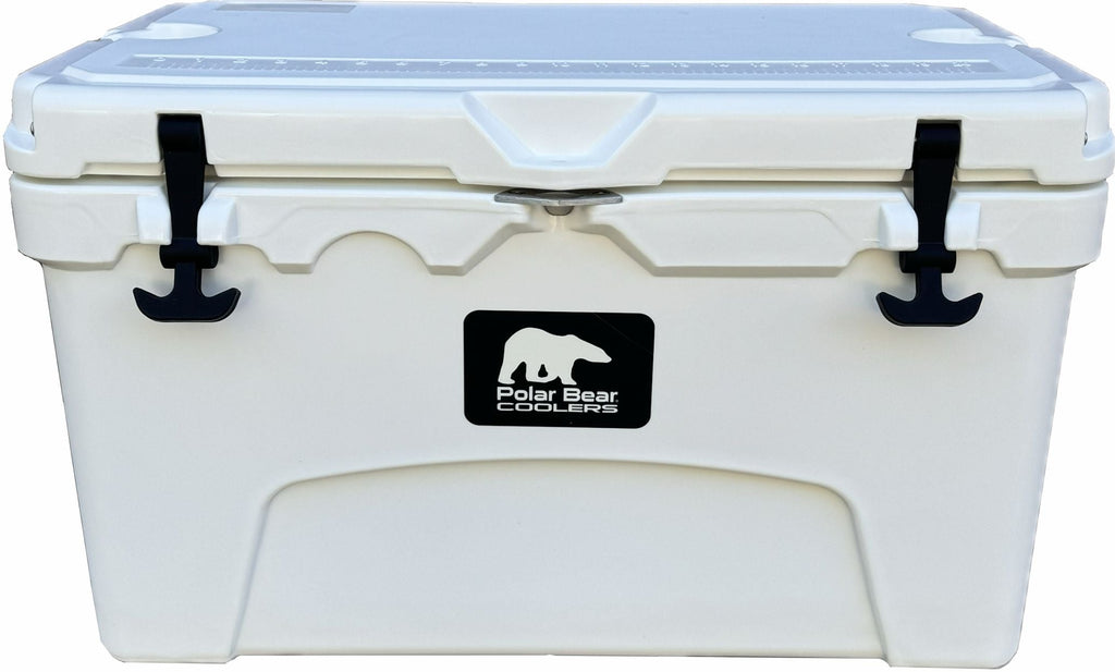 White hard cooler front with lid and black latches, Polar Bear Coolers logo