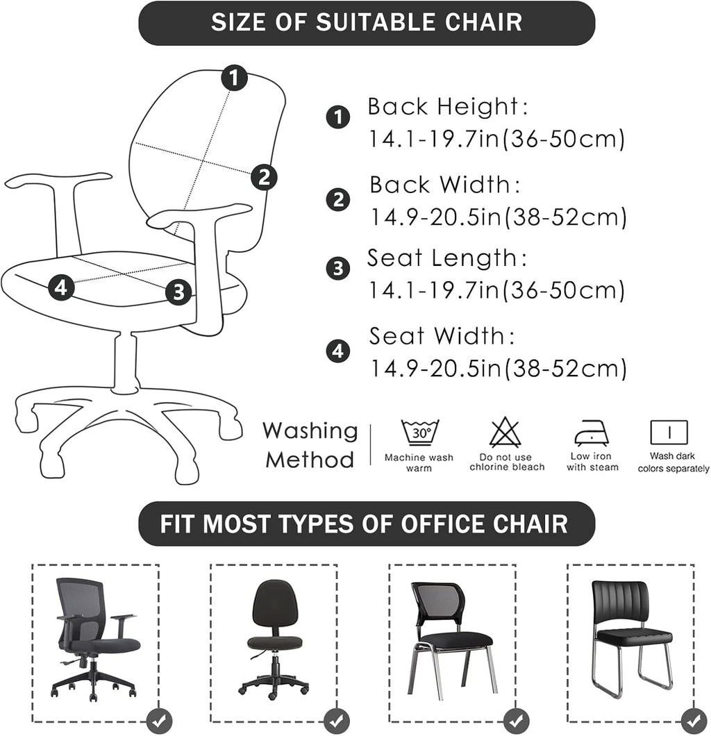 Size chart and washing instructions for stretch office chair covers