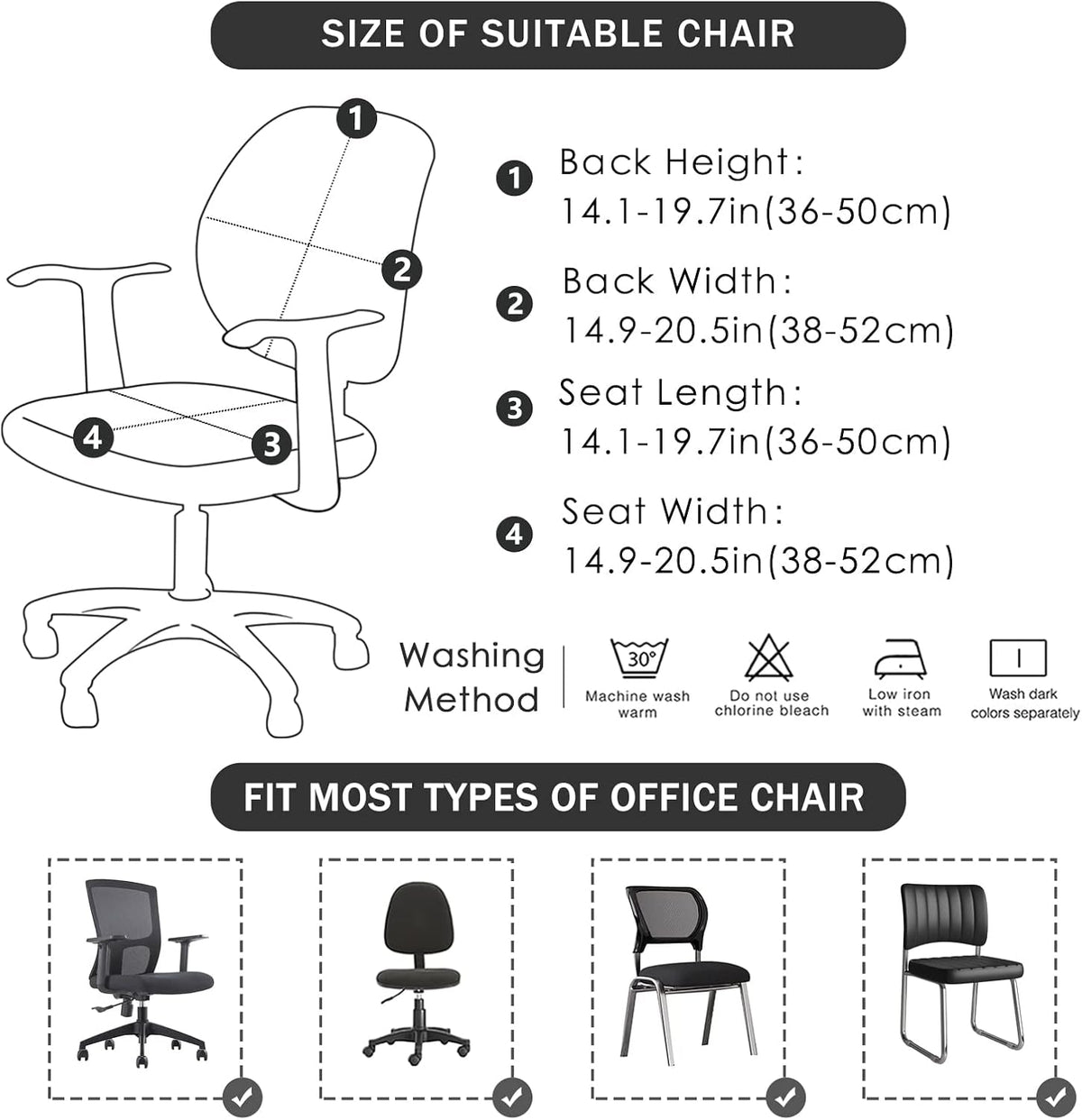 Size chart and washing instructions for stretch office chair covers
