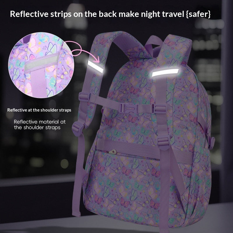 Lavender patterned backpack with reflective shoulder straps and secure front panel
