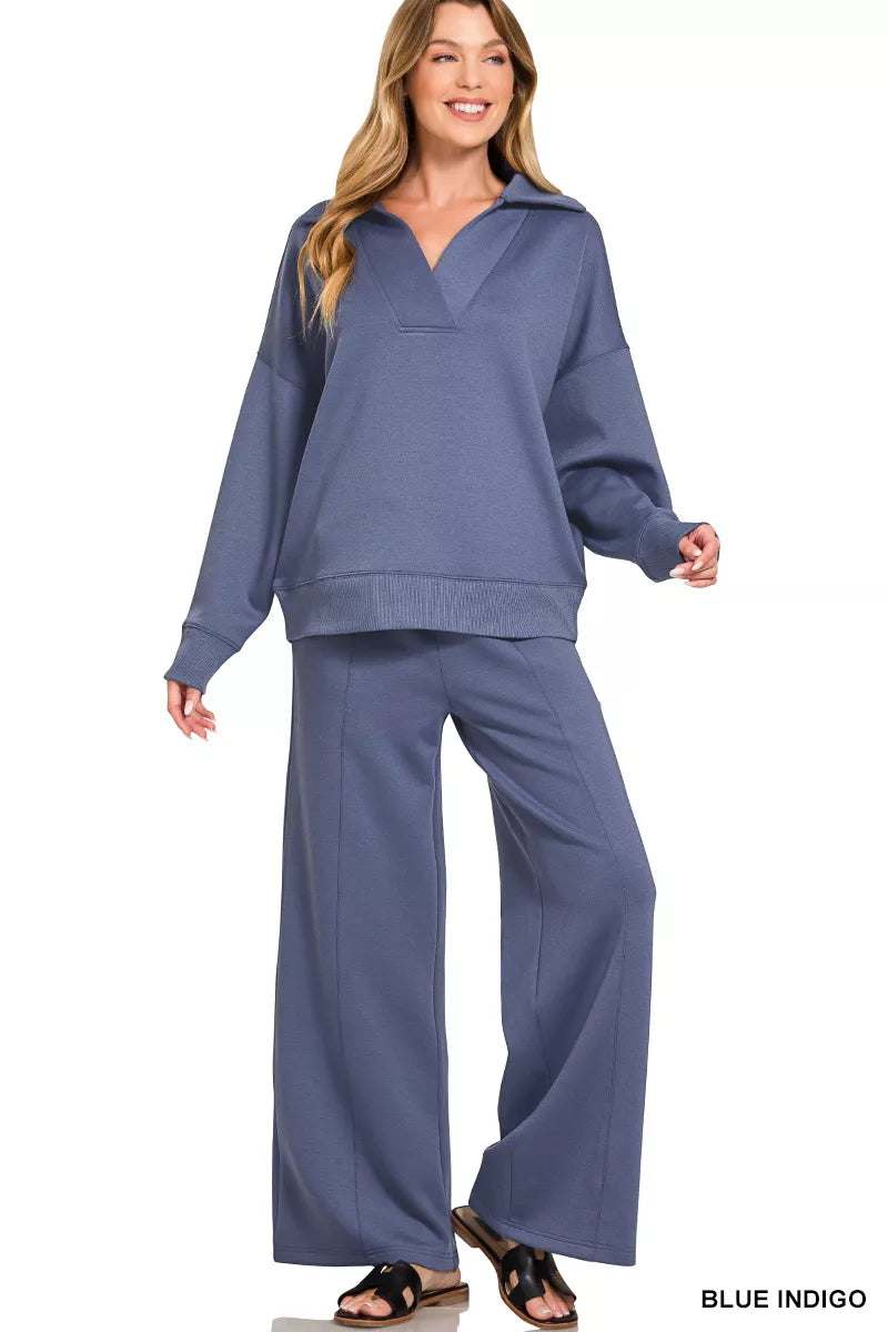 Blue indigo collared pullover with center seam wide-leg pants