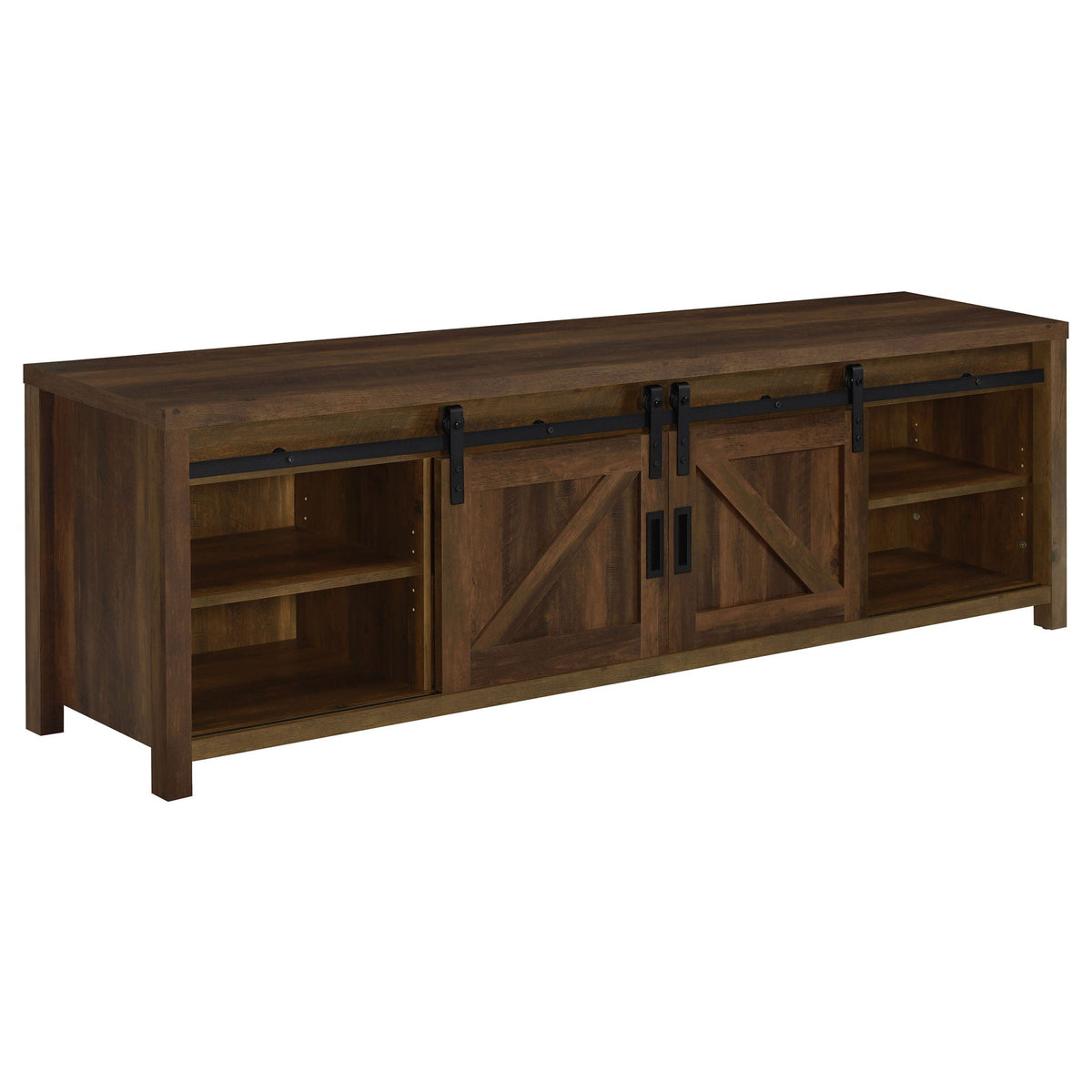 Dark pine TV console with two doors and open shelves, shown from the side