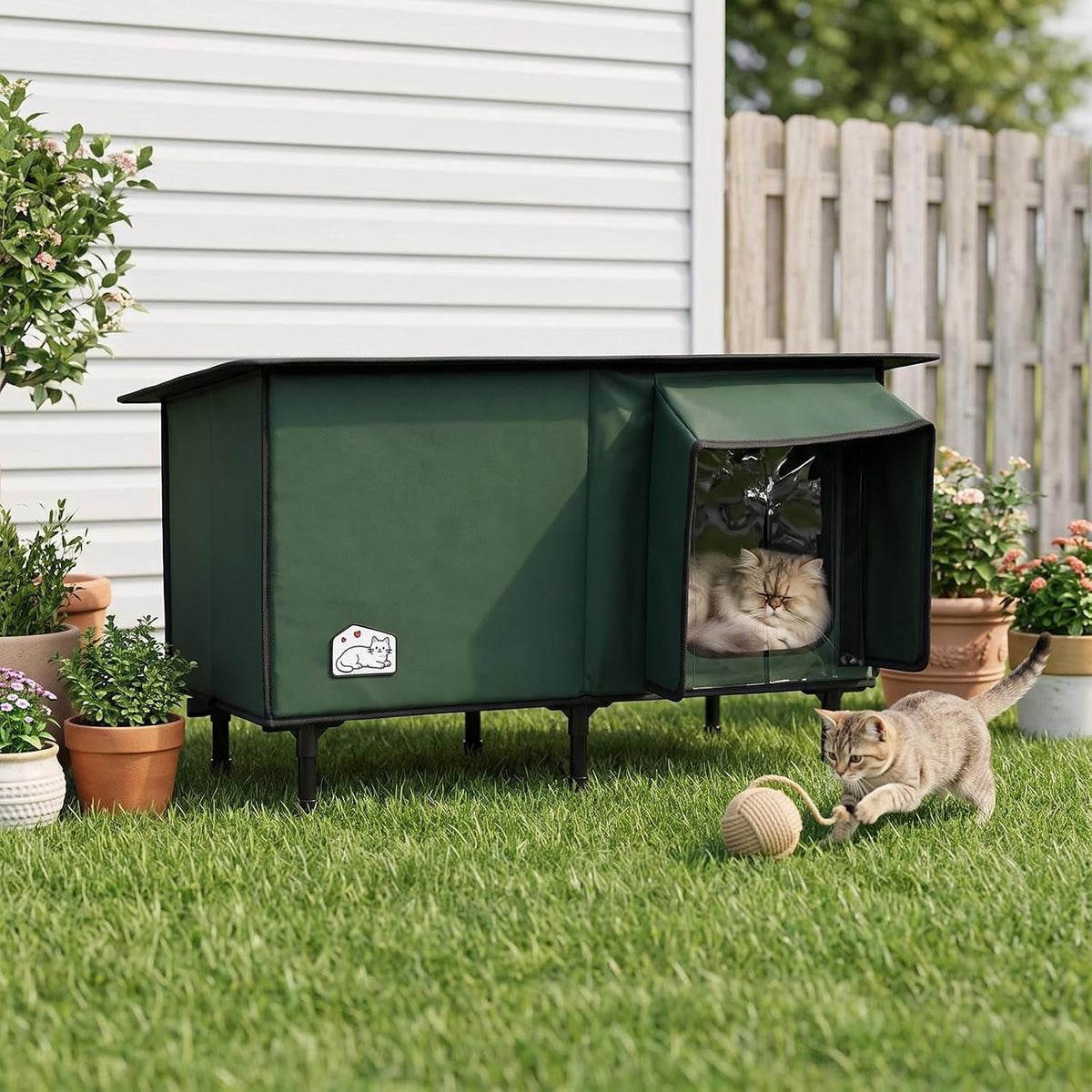 Green raised outdoor cat house with covered entrance and clear flap