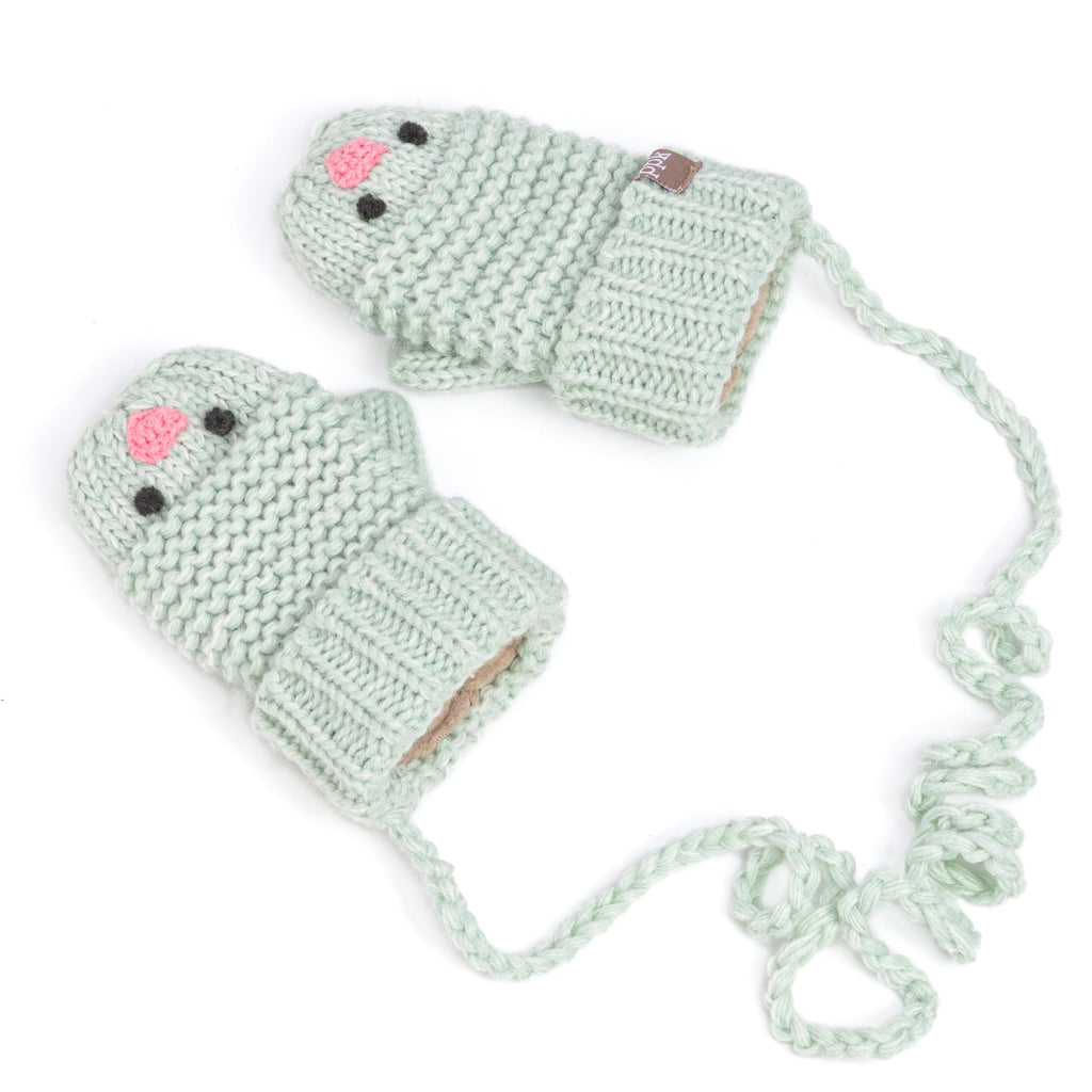Pastel mint knit chick mittens with cord ties and embroidered face details
