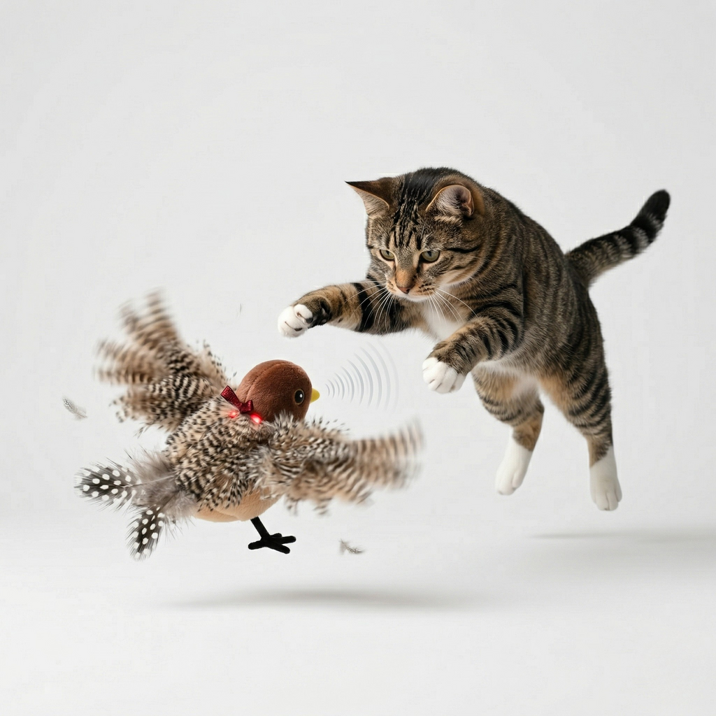 Sparrow-style interactive plush cat toy with feathered wings and red light