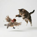 Sparrow-style interactive plush cat toy with feathered wings and red light