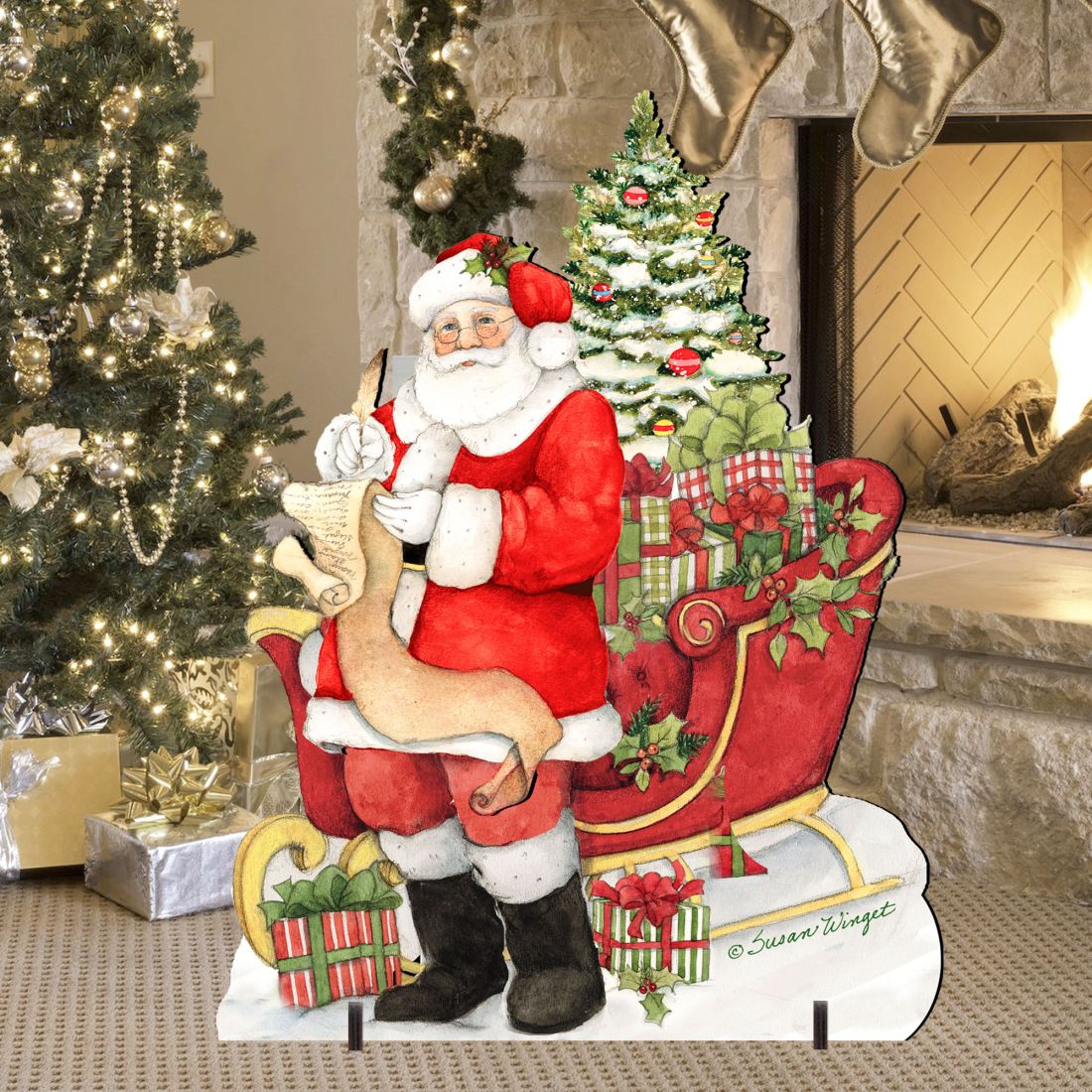 Christmas Santa yard sign featuring Santa, tree, and gift decorations on white base