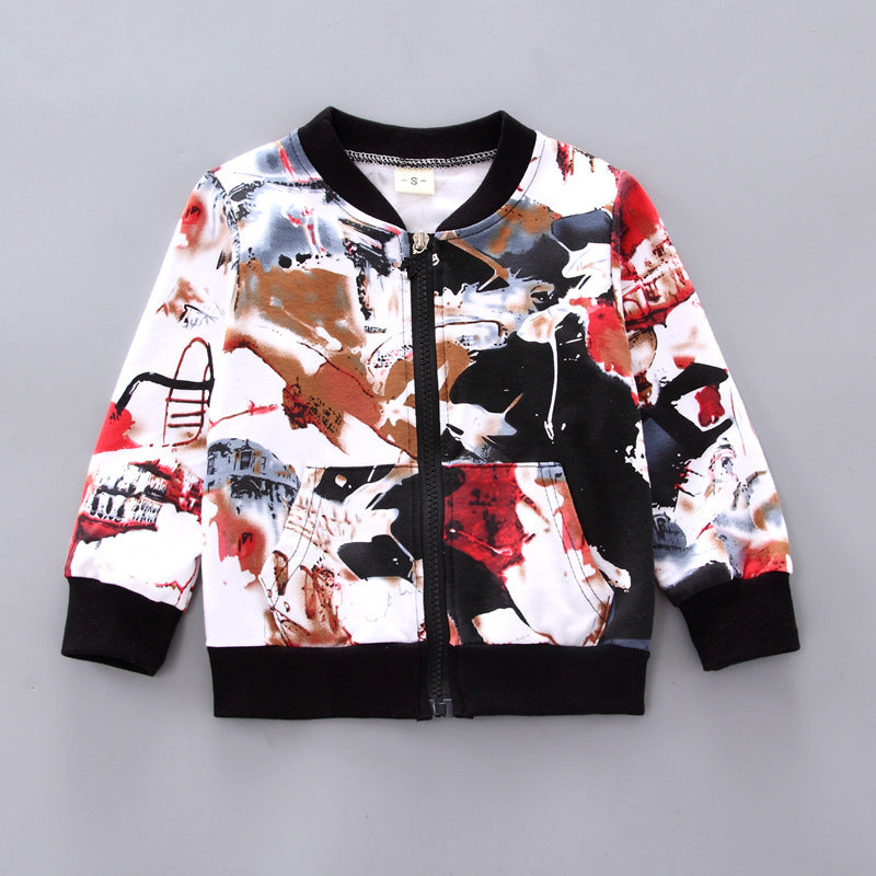 Boys' abstract print zip-up jacket with black trim and front pockets