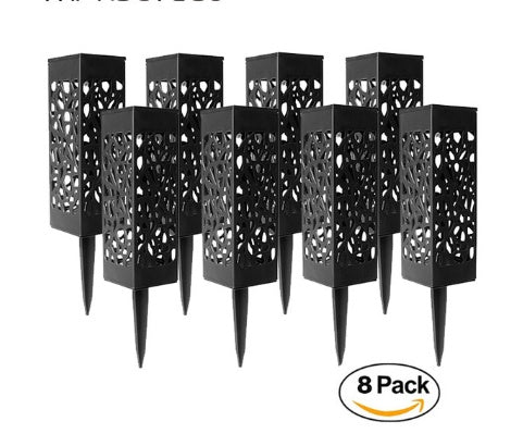 8-pack black solar pathway lantern lights with geometric cutouts and pointed ground stakes