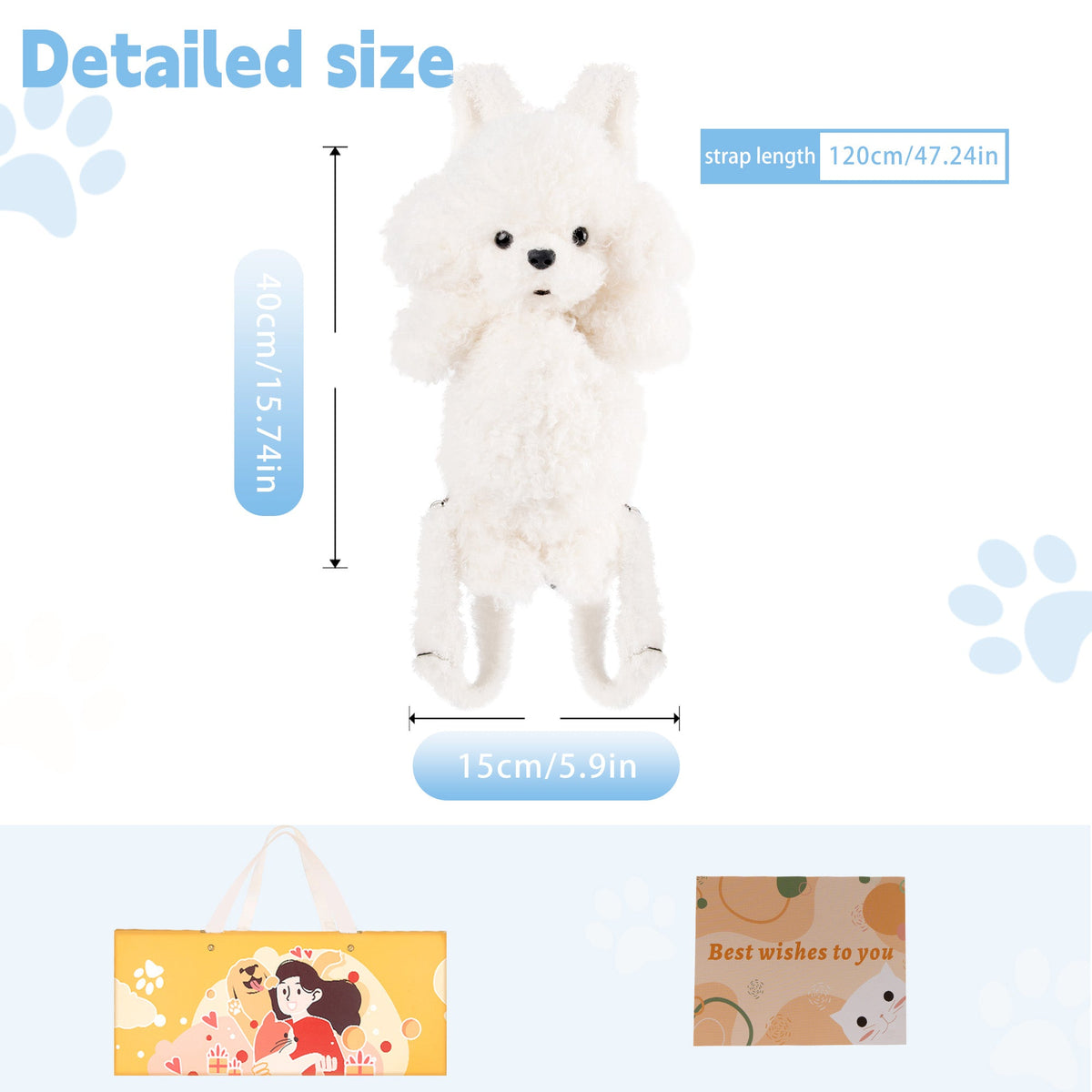 White plush puppy backpack size diagram with front view of the bag