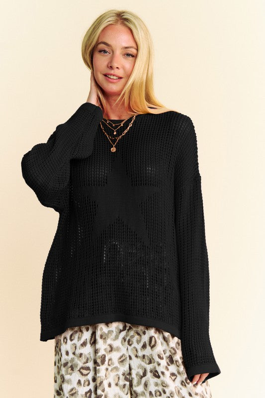 Black crochet knit sweater with star-front detail and relaxed drop-shoulder fit