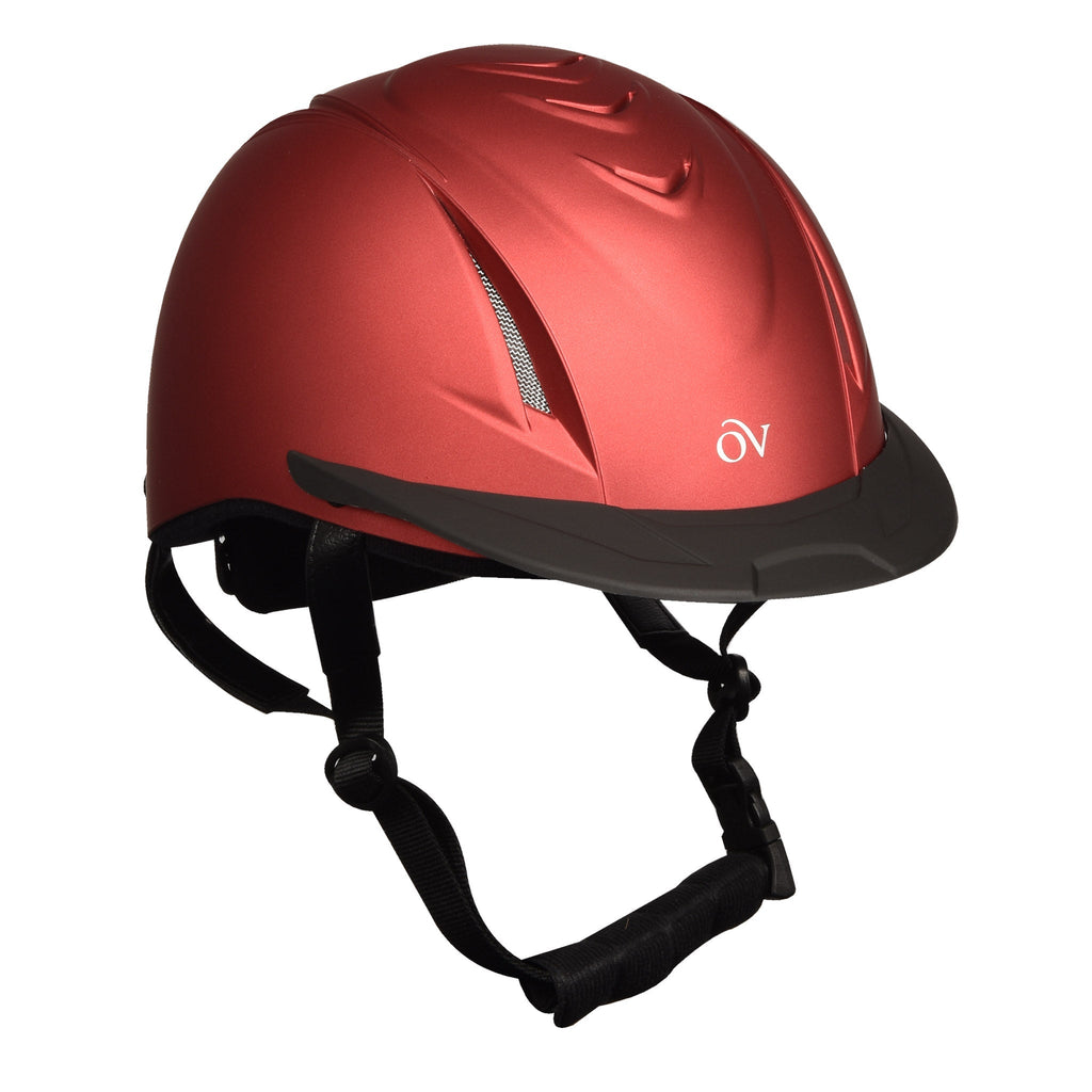 Red metallic schooler helmet with black chin strap and vented side panel