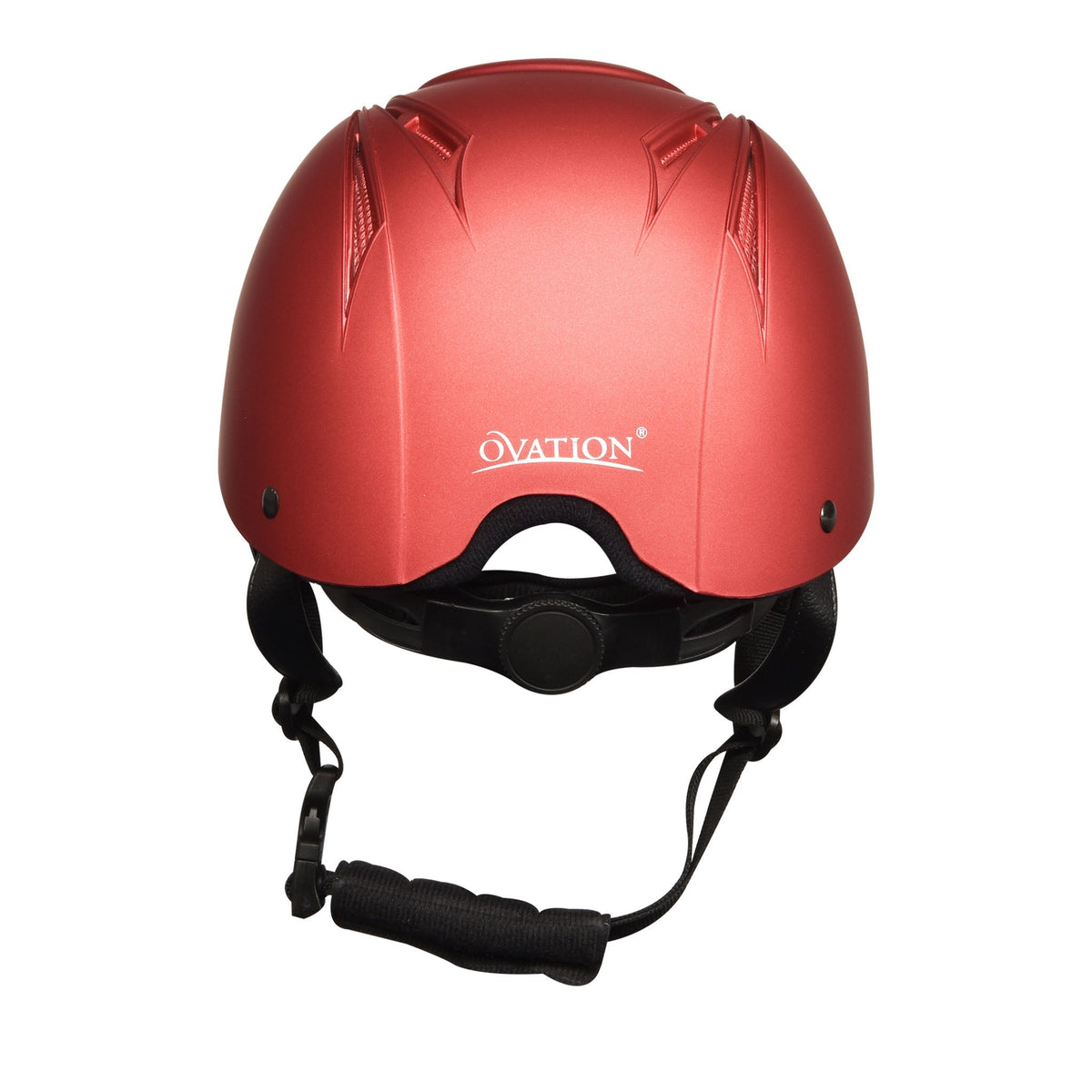 Red metallic schooler helmet with OVATION logo, black ear pads, and chin strap