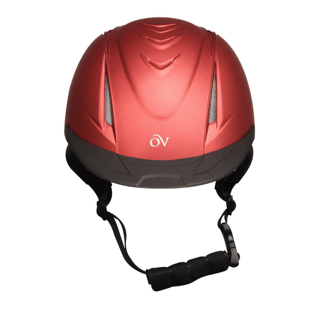 Red metallic schooler helmet with black vent accents and padded chin strap