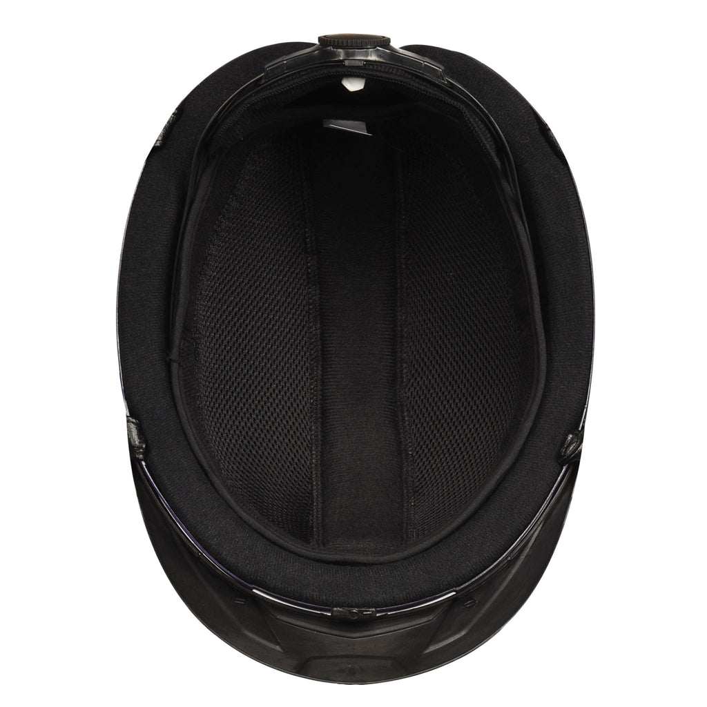 Black helmet interior with molded padding and adjustable strap points