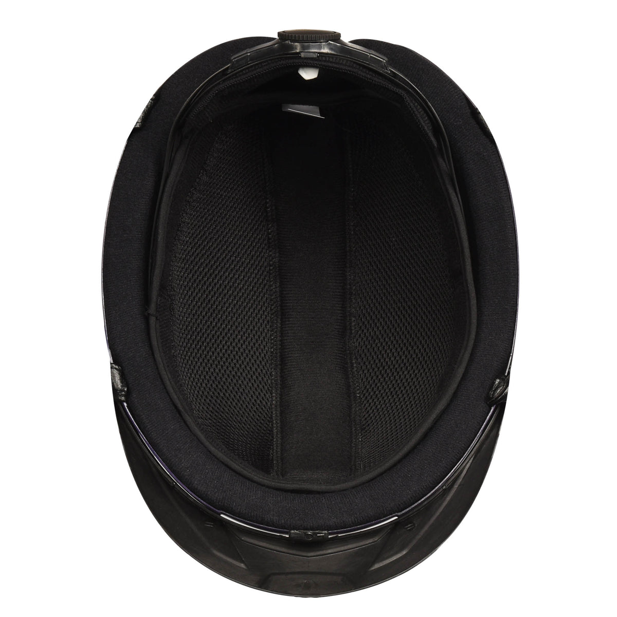 Black helmet interior with molded padding and adjustable strap points