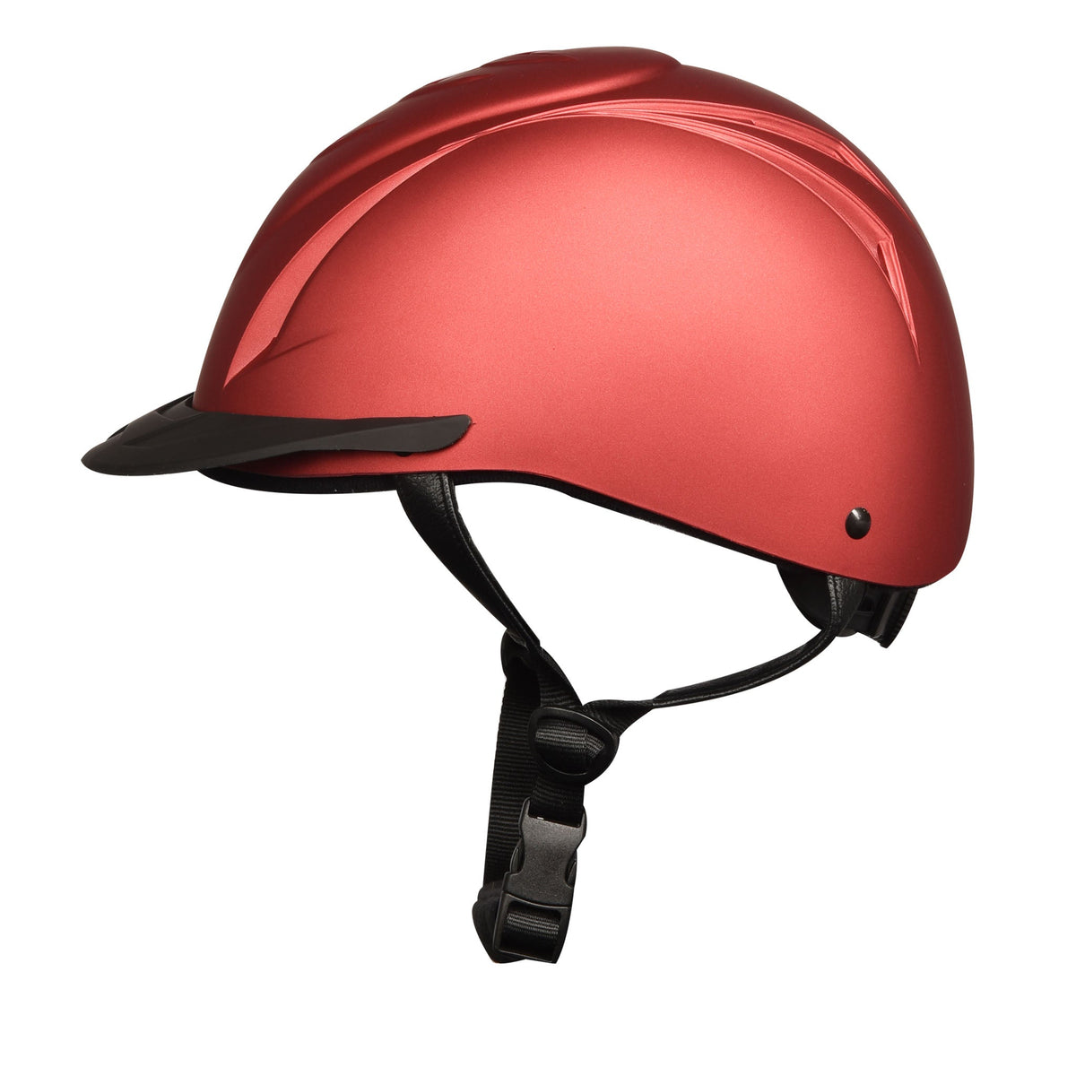 Red metallic schooler helmet with black brim and chin strap