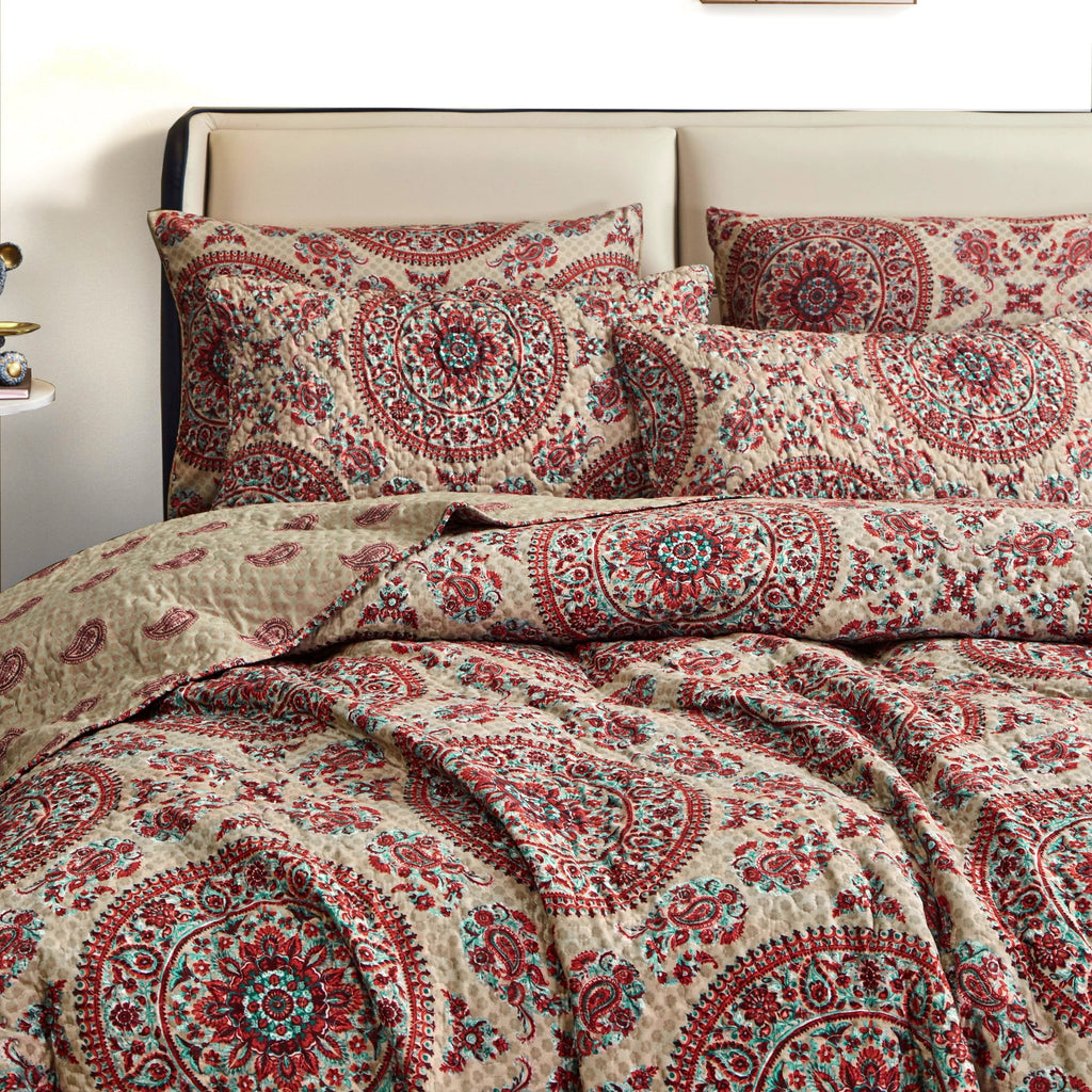 Matching bedding set with paisley pillow covers: off-white with red and teal medallions