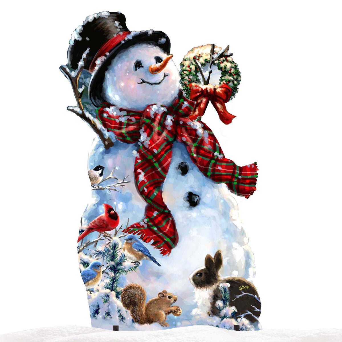 Christmas snowman yard sign cutout with wreath, plaid scarf, birds and squirrels