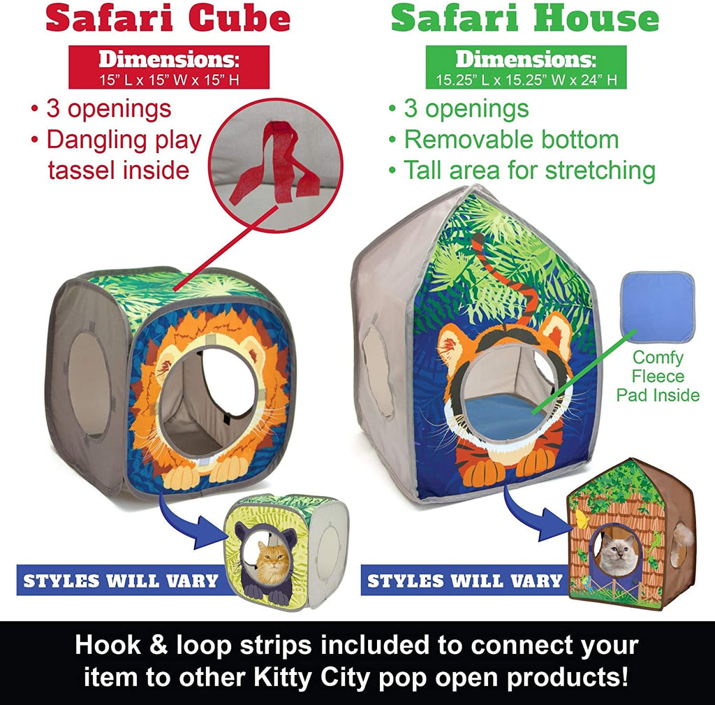 Cat cube and house comparison showing openings, dimensions, and removable features