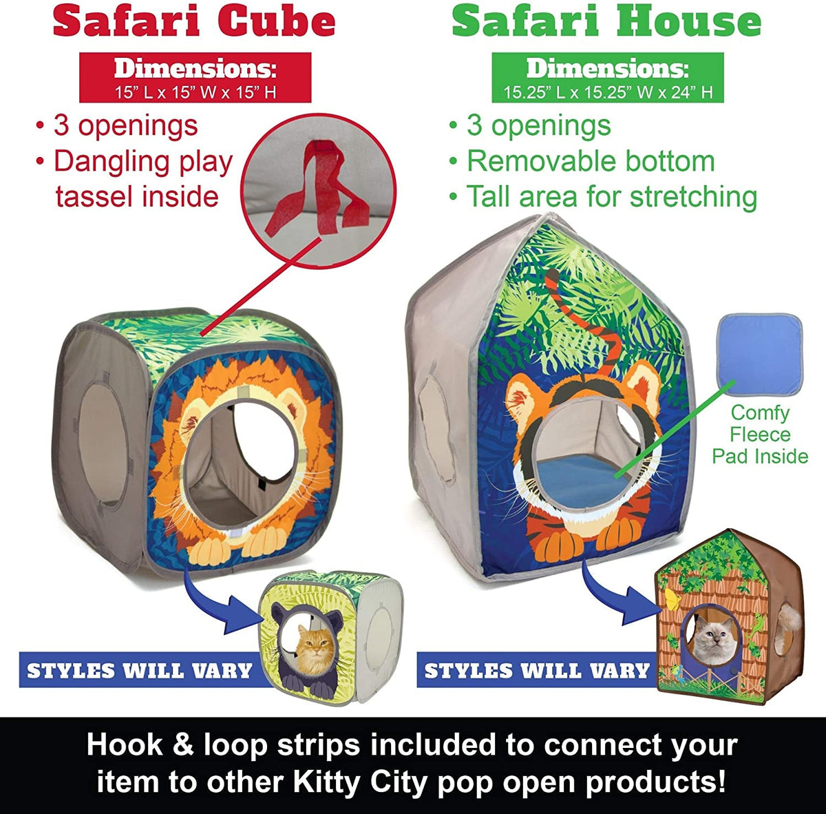 Cat cube and house comparison showing openings, dimensions, and removable features