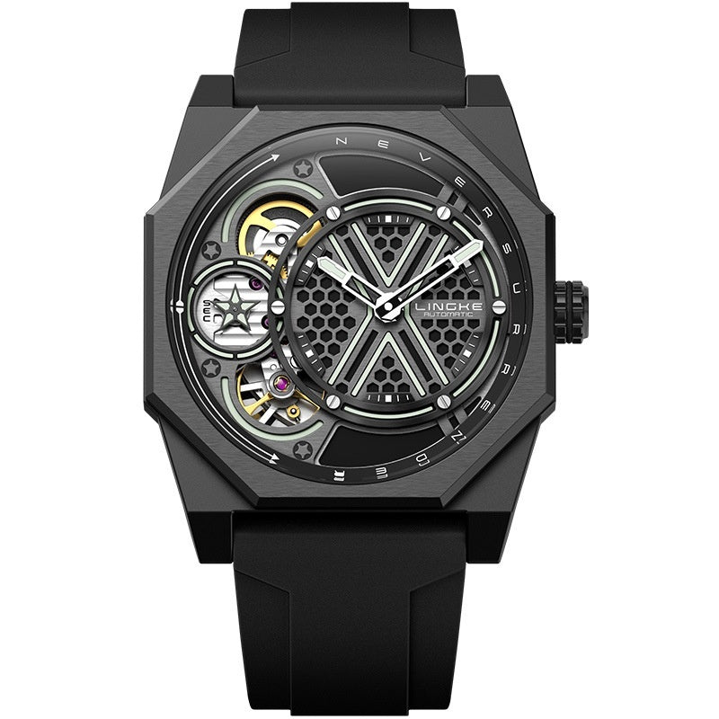 Black tonneau skeleton quartz wristwatch with black silicone strap, exposed dial interior