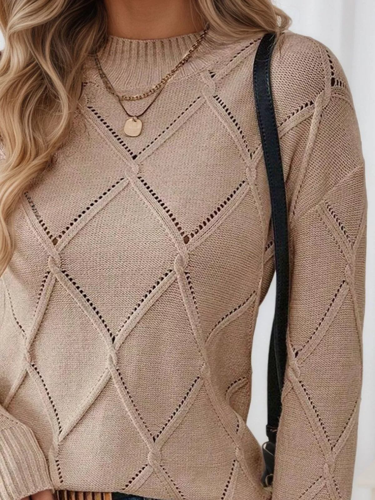 Mocha diamond eyelet knit top close-up, crew neck and diamond-textured panels
