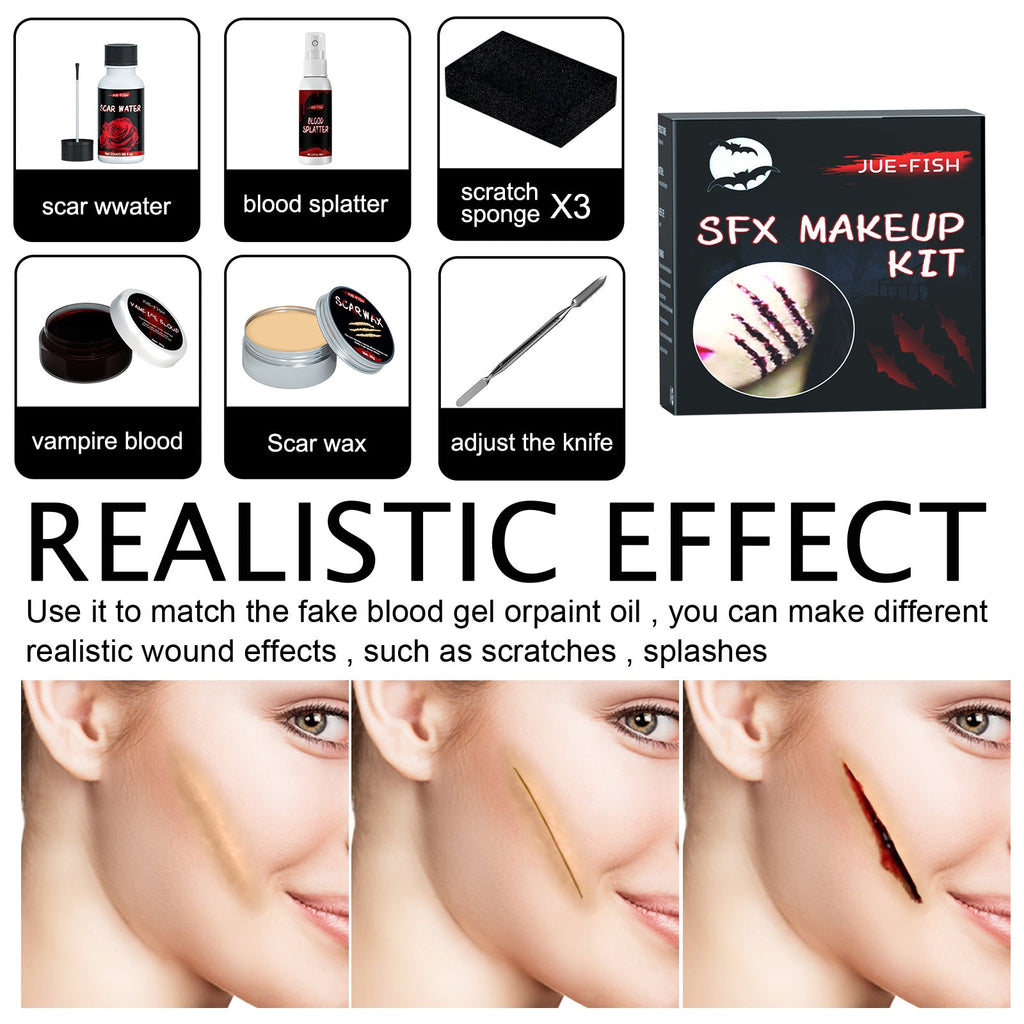 Halloween SFX makeup kit with wound-effect close-ups and scar, blood, wax items