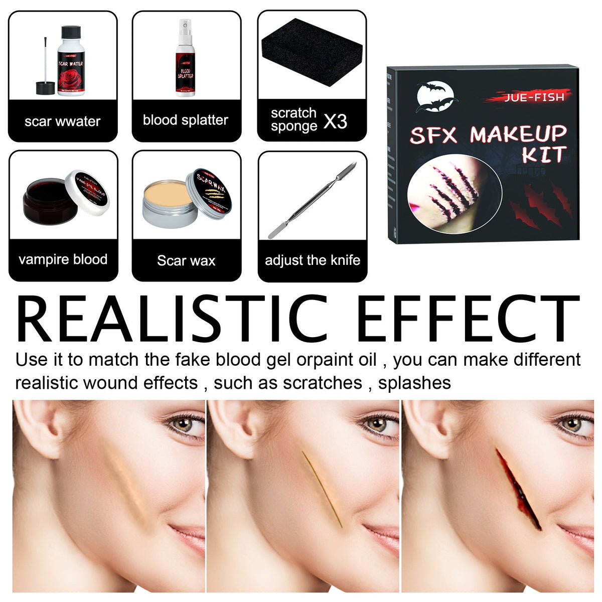 Halloween SFX makeup kit with wound-effect close-ups and scar, blood, wax items