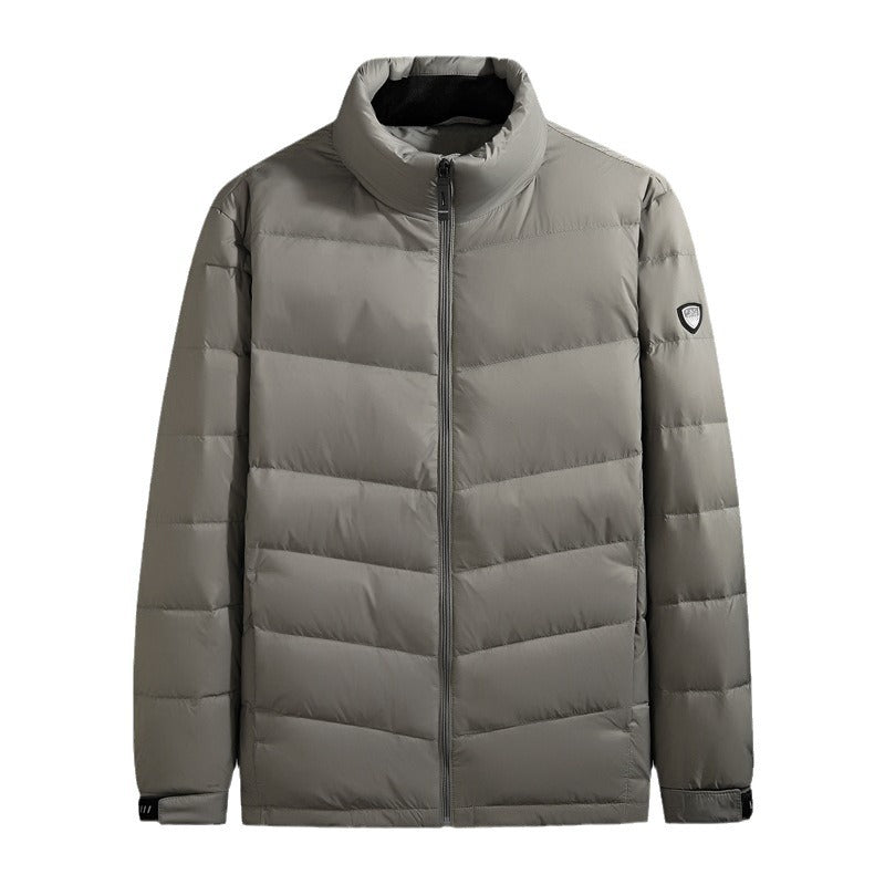 Men's khaki stand-up collar puffer down jacket, full-zip, quilted baffles.