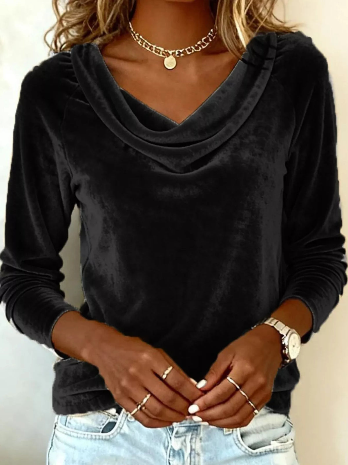 Black velvet cowl-neck long-sleeve top with soft cowl collar detail