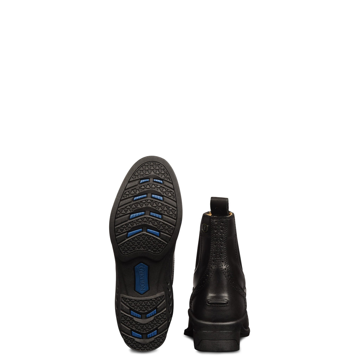 Kids' black ankle boots with blue tread outsole and heel pull tab