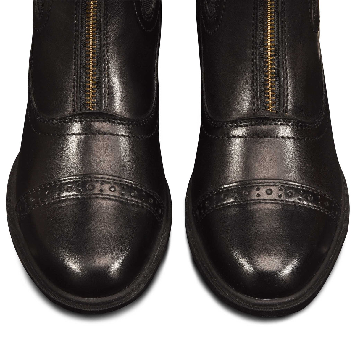 Black leather-look ankle boots with gold zipper and stitched toe cap